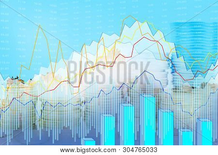 Double Exposure Of City, Stock Market And Graph On Rows Of Coins For Finance And Banking , Investmen