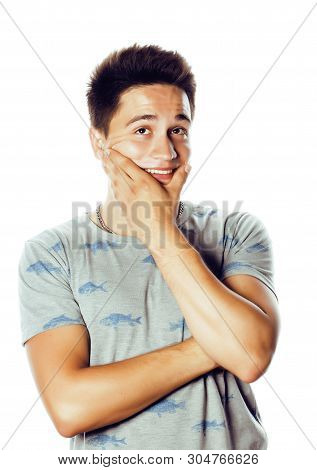 Young Attractive Man Isolated Thinking Emotional On White Close Up