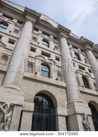 Milan, Italy - May 25, 2019: Mezzanotte Palace Facade In Milan Stock Exchange, Symbol And Heart Of I