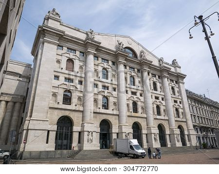 Milan, Italy - May 25, 2019: Mezzanotte Palace Facade In Milan Stock Exchange, Symbol And Heart Of I