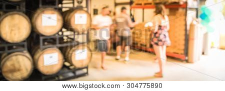 Panorama View Blurry Background Customer Queue To Taste Draft Beer At Brewing Taproom