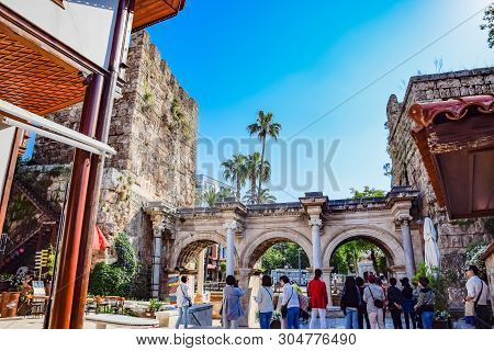 Antalya, Turkey - May 19, 2019: Adrian Gate, Antalya Landmark, Turkey. Antique Ancient Construction 