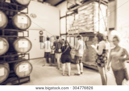 Filtered Image Blurry Background Customer Queue To Taste Draft Beer At Brewing Taproom