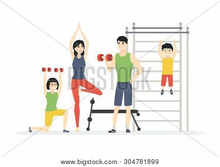 Chinese Family At The Gym - Cartoon People Characters Isolated Illustration