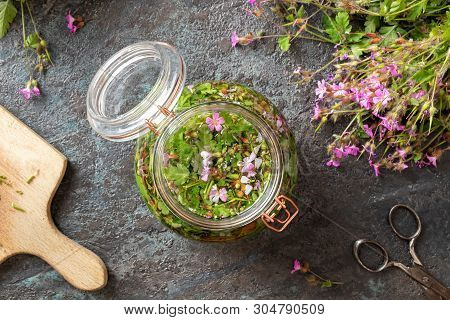Preparation Of Homemade Tincture From Fresh Herb-robert, Top View