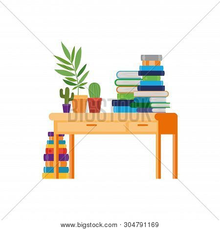 Desk With Stack Of Books On White Background Vector Illustration Design