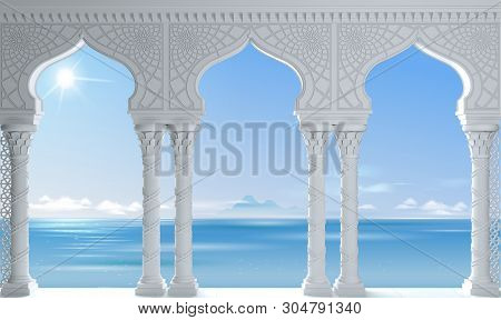 3d Illustration. White Oriental Arcade Sea Palace In The Arab Style.