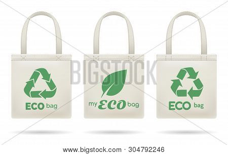 Shopping Ecobags Vector Icons. Eco Handbags For Shopping, Green Fashion Organic Canvas Recycled Bags