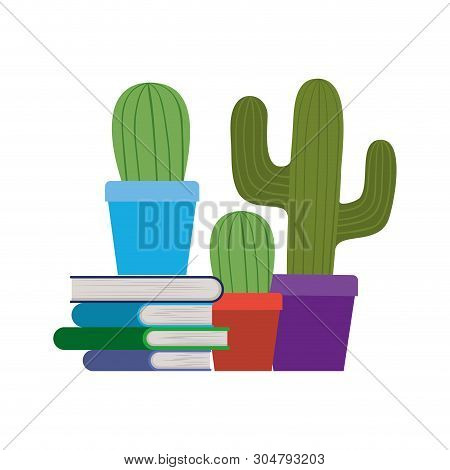 Stack Of Books With Houseplant On White Background Vector Illustration Design