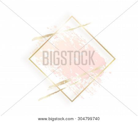 Gold Rhombus Frame With Pastel Nude Pink Texture, Shadow, Golden Brush Strokes Isolated On White Bac