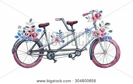 Isolated Blue Tandem Bicycle With Purple Weels And Bouquets. Pink Rose Flowers, Blue Leaves.