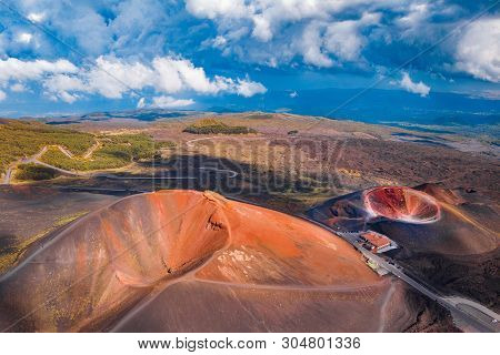 Extinct Crater Of Volcano Etna Sicily, Italy. Aerial Photo.