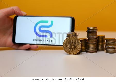 Tula, Russia - May 12 , 2019: Coinmarket On Phone Display.
