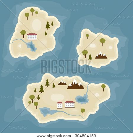 Cartoon Tropical Exotic Island In Ocean. Top View Island Sprite.