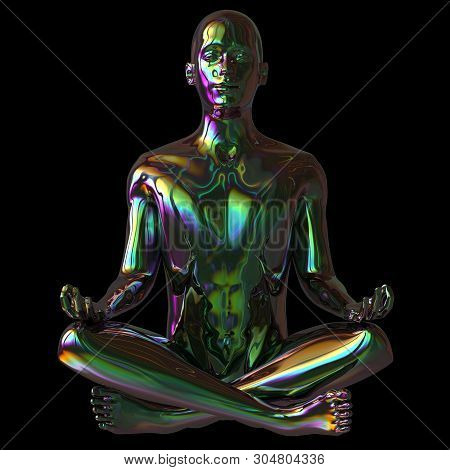 Man Lotus Pose Stylized Figure Sparkling Glossy Colorful Reflection. Human Mental Guru Character. Pe