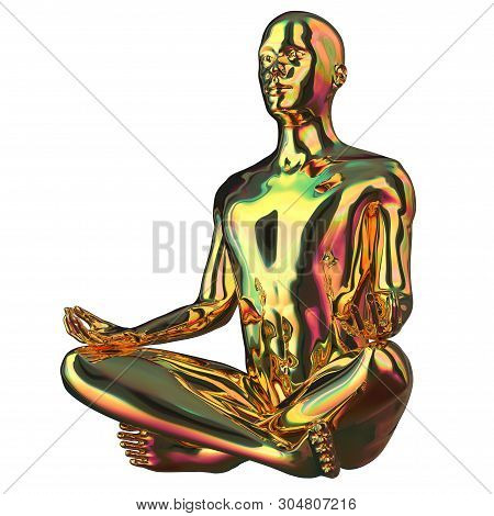 Yoga Man Lotus Pose Golden Stylized Figure Polished Sparkling. Human Mental Guru Character Gold Stat