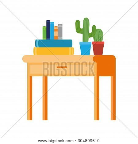 Desk With Stack Of Books On White Background Vector Illustration Design