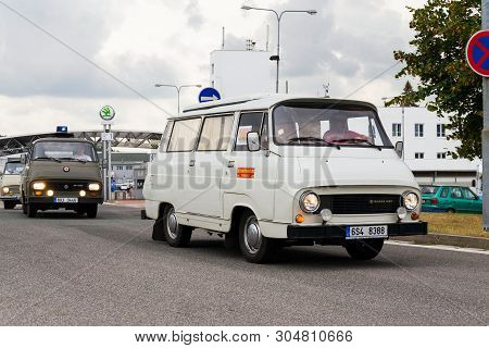 Vrchlabi, Czech Republic - August 25 2018: Vintage Cars Skoda 1203 Oldsmobile Veterans Leaving Vrchl