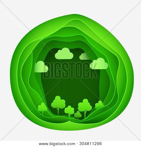 Paper Art Of Eco Park On Green Anstract Shape. Origami Concept And Ecology Idea.