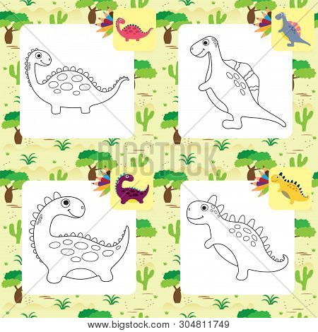 Cute Cartoon Dino Coloring Page. Vector Illustration