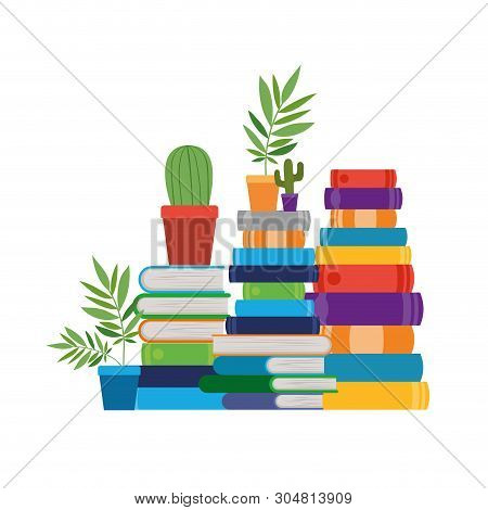Stack Of Books With Houseplant On White Background Vector Illustration Design