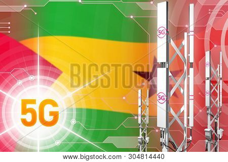 Sao Tome And Principe 5g Network Industrial Illustration, Big Cellular Tower Or Mast On Hi-tech Back