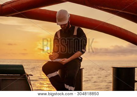 Deck Officer On Deck Of Offshore Vessel Or Ship