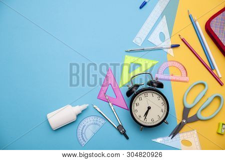 Starting School, Back To School, Education Are Styled Flat Lay Scene With School Supplies On Blue An