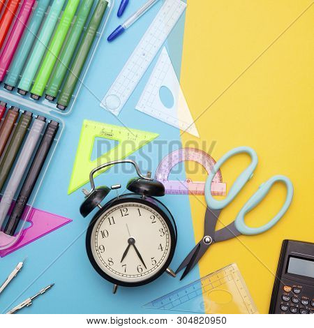 Starting School, Back To School, Education Are Styled Flat Lay Scene With School Supplies On Blue An