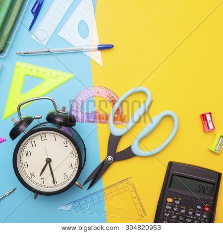 Starting School, Back To School, Education Are Styled Flat Lay Scene With School Supplies On Blue An