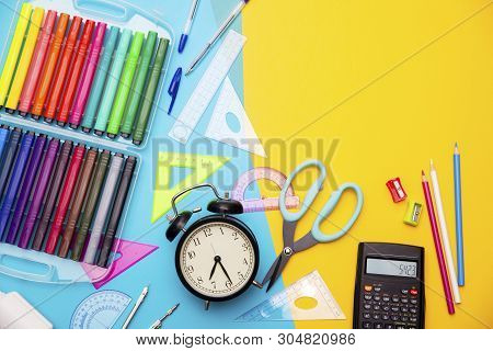 Starting School, Back To School, Education Are Styled Flat Lay Scene With School Supplies On Blue An