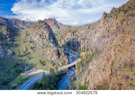 Poudre River and Canyon -aerial view with spring scenery
