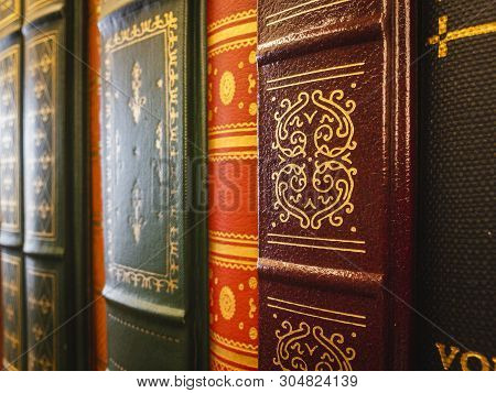 Nostalgic Colorful, Textured, Leather Bound Book Spines Embossed With Gold Print.