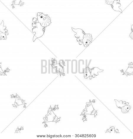 Seamless Pattern Of Contour Of Dinosaurus Triceratops And Vulcano Eruption. Isolated On White Backgr