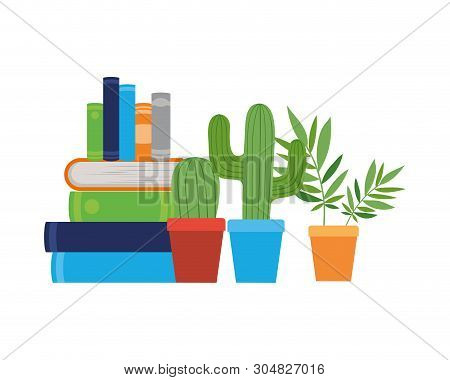 Stack Of Books With Houseplant On White Background Vector Illustration Design
