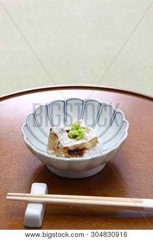 homemade baked sesame tofu, yaki gomma dofu,  japanese traditional vegan cuisine