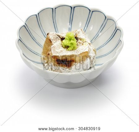 homemade baked sesame tofu, yaki gomma dofu,  japanese traditional vegan cuisine