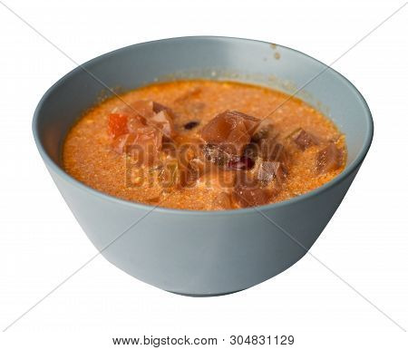 Borscht Soup Isolated On A White Background. Borscht Soup In The Gray Plate Side View