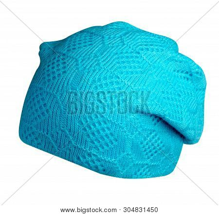 Womens Turquoise Hat Front Siede View. Knitted Hat Isolated On White Background.