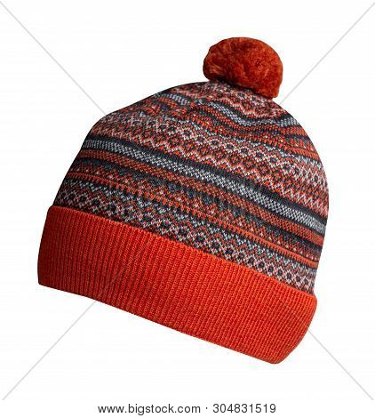 Knitted Hat Isolated On White Background.hat With Pompon  Front  Side View.