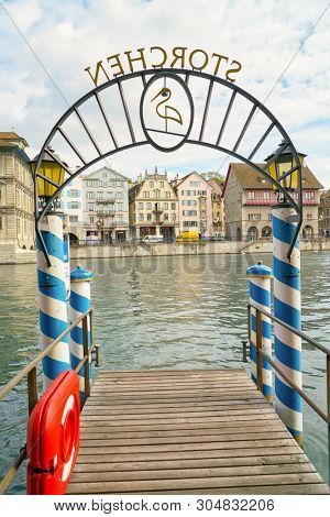 ZURICH, SWITZERLAND - CIRCA OCTOBER, 2018: pier at Storchen hotel in Zurich in the daytime. 