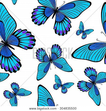 Seamless Pattern Blue Morpho Butterflies, Butterfly Repeat Pattern For Textile Design, Fabric Printi