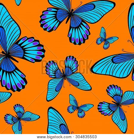 Seamless Pattern Blue Morpho Butterflies , Butterfly Repeat Pattern For Textile Design, Fabric Print