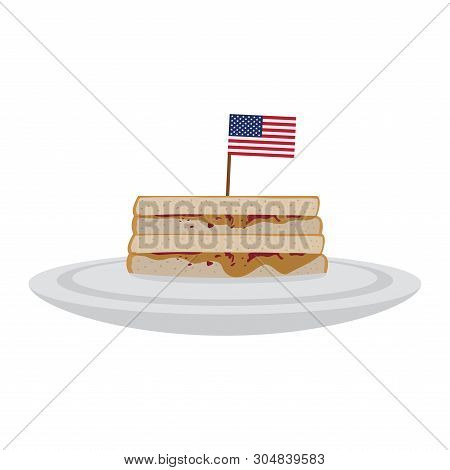 Peanut Butter Sandwich With The Flag Of United States. American Fast Food - Vector