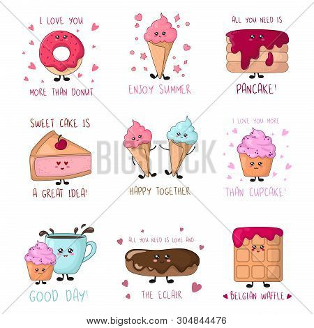 Set Of Cards With Cartoon Kawaii Sweet Food - Pancakes, Cakes, Ice Cream, Donut On White Background,