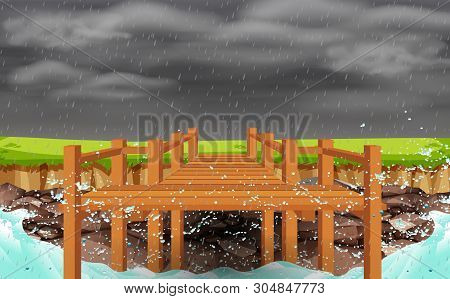 Landscape Of Boardwalk At Rock Beach In Rainday