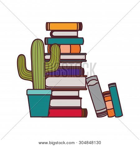 Stack Of Books With Houseplant On White Background Vector Illustration Design