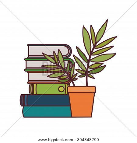 Stack Of Books With Houseplant On White Background Vector Illustration Design