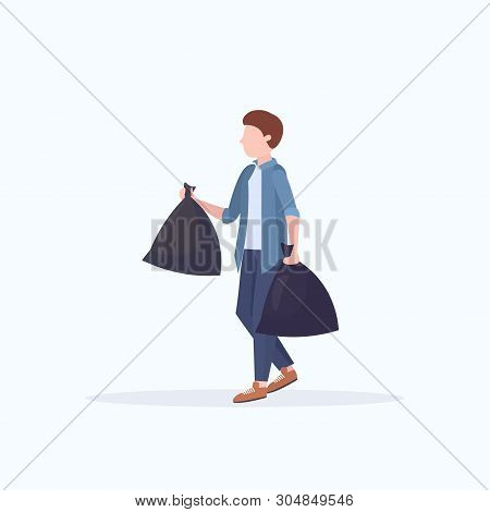 Man Holding Two Garbage Bags Young Guy Housework Concept Male Cartoon Character Full Length Flat