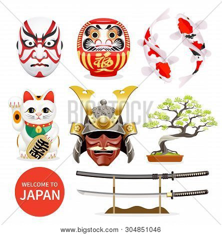 Japan Art Culture Elements Icons. Vector Illustration.